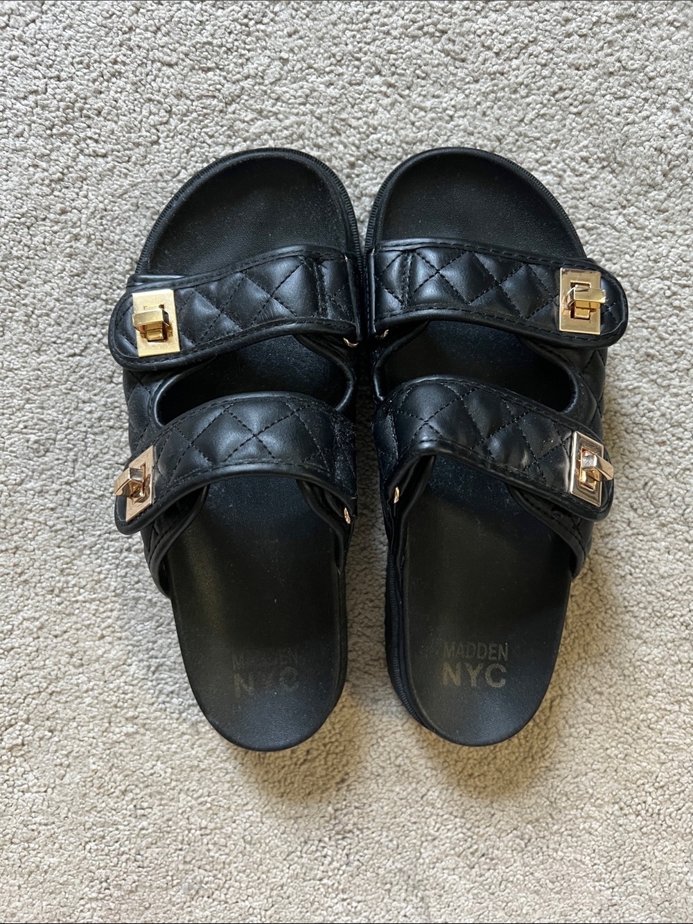 Madden NYC quilted buckle slides black faux leather size 8 birk style
